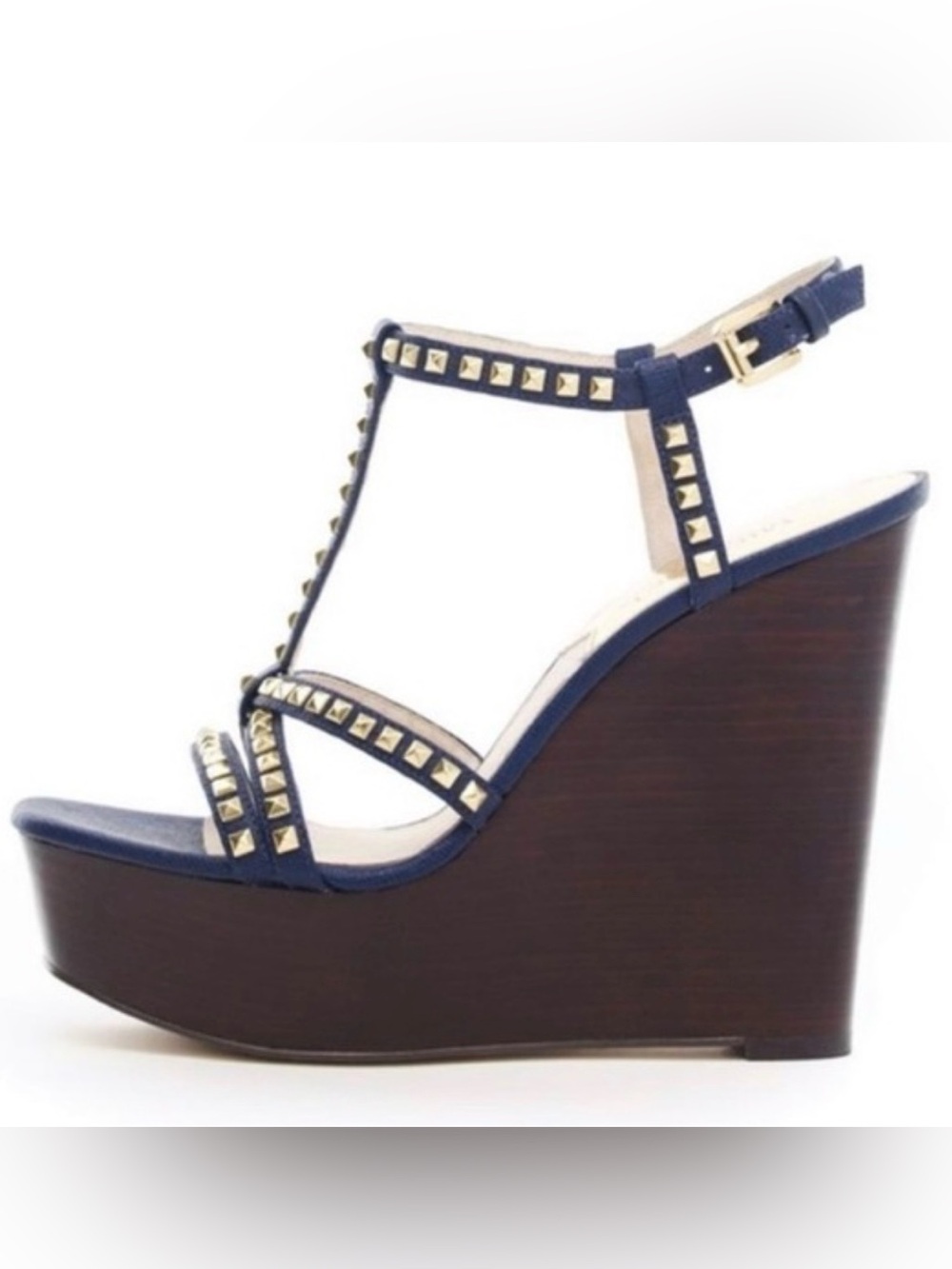 Michael Kors Navy Leather Studded T‑Strap Wedge Sandal